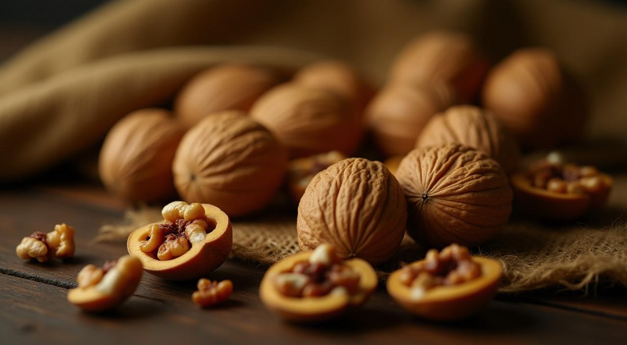 Primer plano artístico de nueces frescas de castilla sobre una mesa de madera rústica