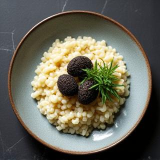 Platillo gourmet decorado con ajo negro